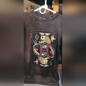 Lucky Brand Black Crewneck Sweater with King of Diamonds Design